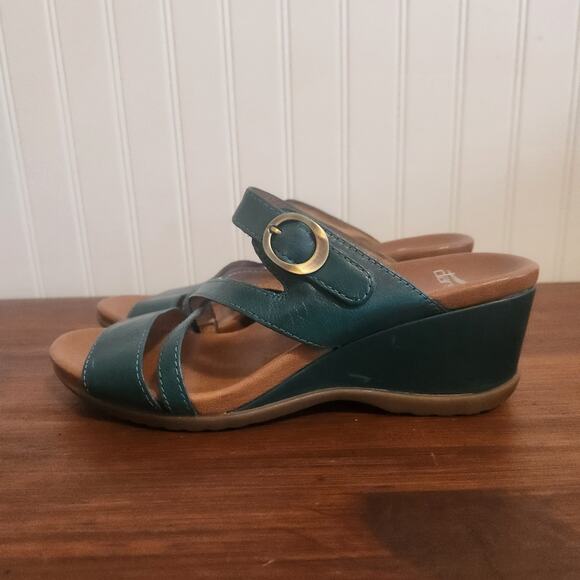 Dansko Womens Size 7.5/38 Man Made Leather Teal Open Toe Chunky Heel Sandals New - Picture 7 of 10